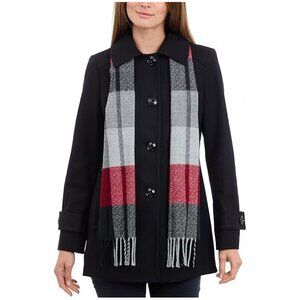 NEW London Fog Womens Single-Breasted Wool Coat with Scarf Black M